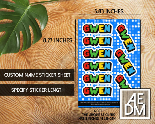 Personalized Sticker Sheet Video Game Font Customizable Colors Vinyl Kiss Cut